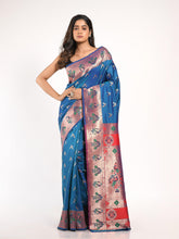 Kavvya Yale Blue Soft & Lightweight Mulberry Silk Weaving Paithani Saree In Bronze & Silver Zari & Multicolor Meena Weaving - KAVVYA